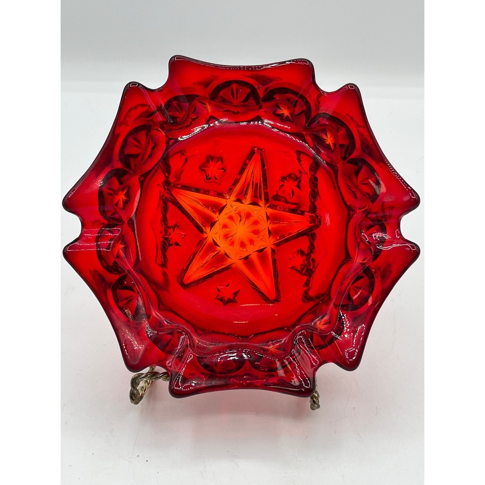 LE Smith Moon and Star Ruby Red Glass Ashtray Ruffled Edge 5.25 in Tobacciana